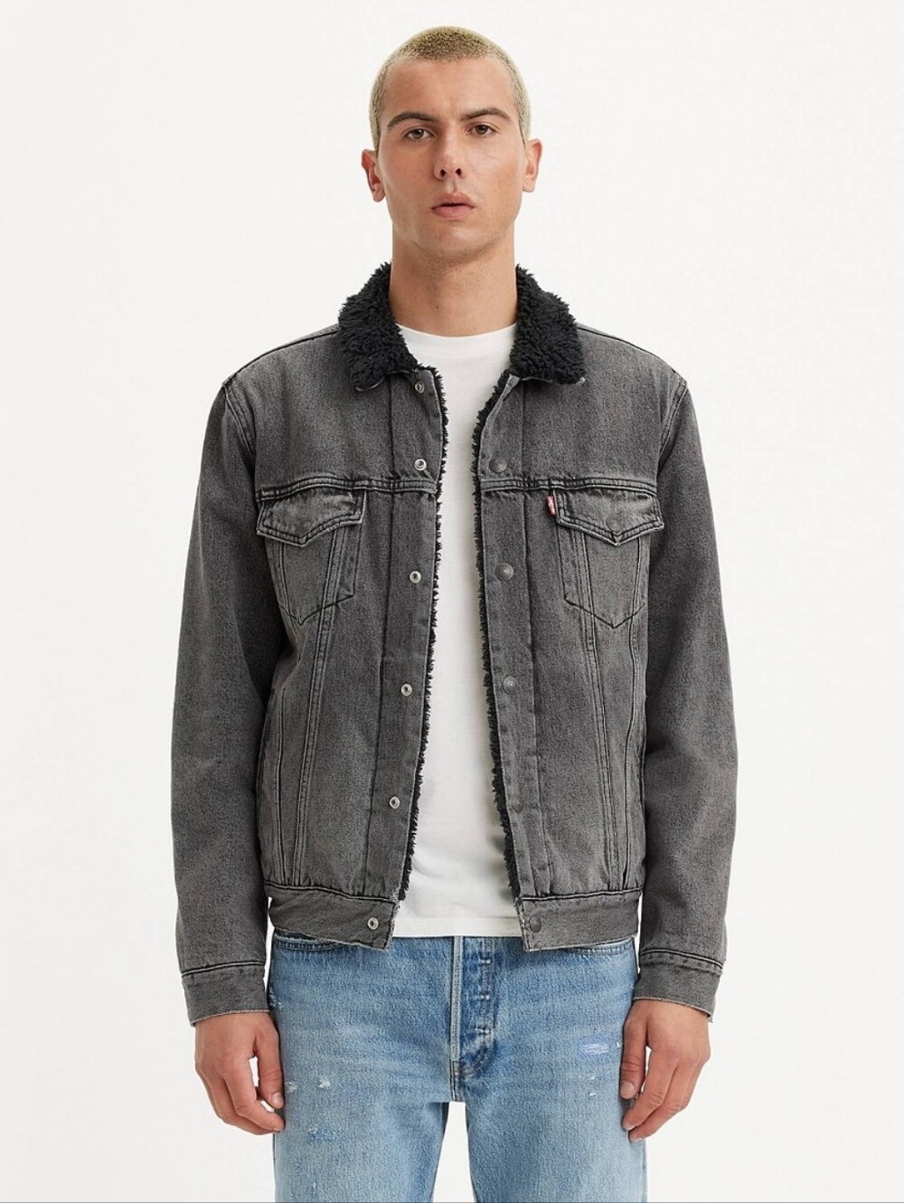 Dkny Black Washed Denim Sherpa Lined Collar Jean Jacket S